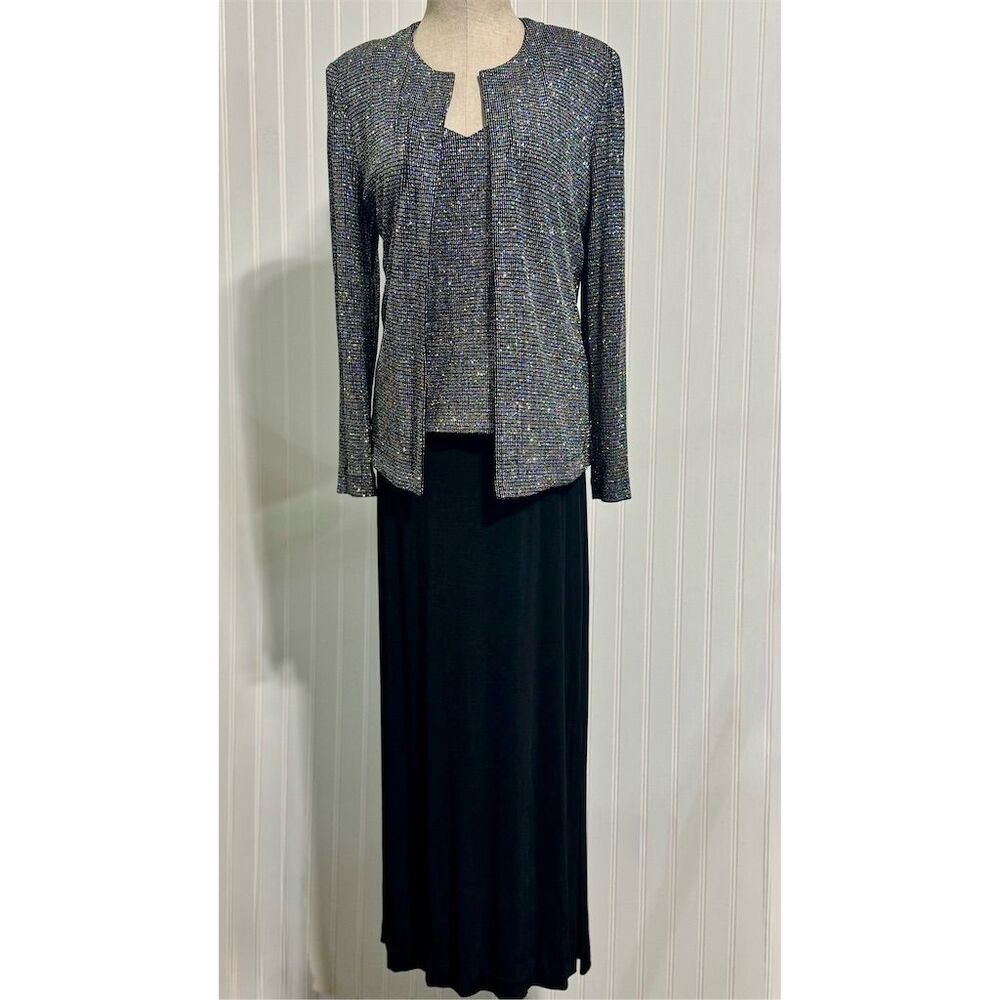 Alex Evenings Vintage 2pc Set Size 10 Jacket Dress Black Glitter Grid Formal USA